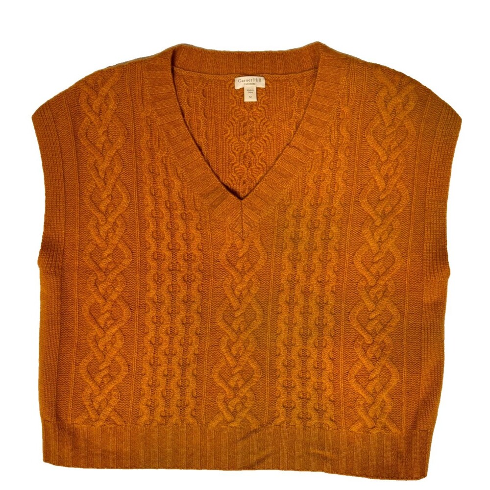 Garnet Hill Cashmere Sweater Vest M Mustard Cable Knit V Neck 100% Cashmere